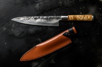 Vorschau: VG10 Forged Kochmesser mit Klingenschutz aus Leder Vorschau: VG10 Forged Kochmesser mit Klingenschutz aus Leder